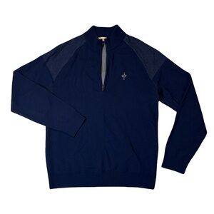 KJUS mens L Large 52 blue solid 1/4 zip wool pullover golf sweater EuC